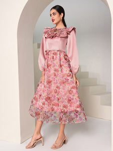 Floral Print Ruffle Trim Bishop Sleeve Dress
