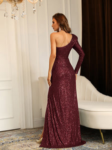 One Shoulder Split Thigh Sequin Prom Dress