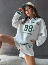 Load image into Gallery viewer, Letter Graphic Drop Shoulder Striped Trim Sweatshirt &amp; Shorts
