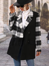 Load image into Gallery viewer, Plaid Print Fringe Trim Lapel Neck Double Breasted Overcoat
