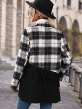 Load image into Gallery viewer, Plaid Print Fringe Trim Lapel Neck Double Breasted Overcoat
