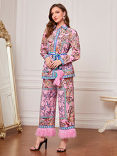 Load image into Gallery viewer, Paisley Print &amp; Floral Print Belted Shirt &amp; Fuzzy Trim Wide Leg Pants
