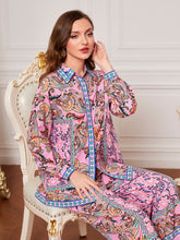 Load image into Gallery viewer, Paisley Print &amp; Floral Print Belted Shirt &amp; Fuzzy Trim Wide Leg Pants

