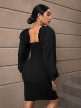Load image into Gallery viewer, Square Neck Frill Trim Puff Sleeve Ruched Bodycon Dress
