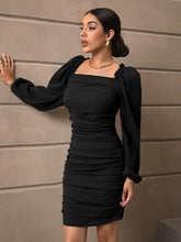 Load image into Gallery viewer, Square Neck Frill Trim Puff Sleeve Ruched Bodycon Dress
