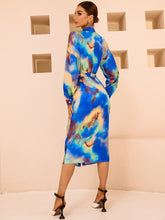 Load image into Gallery viewer, Tie Dye Lantern Sleeve Ruched Split Belted Shirt Dress
