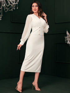 Surplice Neck Double Breasted Bishop Sleeve Dress