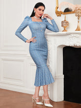 Load image into Gallery viewer, Plaid Gigot Sleeve Mermaid Hem Bodycon Dress
