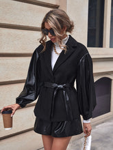 Load image into Gallery viewer, Lantern Sleeve Contrast PU Belted Overcoat
