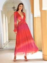 Load image into Gallery viewer, Ombre Plunging Neck Lantern Sleeve Cut Out Dress
