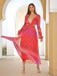 Ombre Plunging Neck Lantern Sleeve Cut Out Dress
