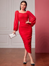 Load image into Gallery viewer, Sweetheart Neck Lantern Sleeve Ruched Bodycon Dress
