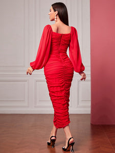 Sweetheart Neck Lantern Sleeve Ruched Bodycon Dress