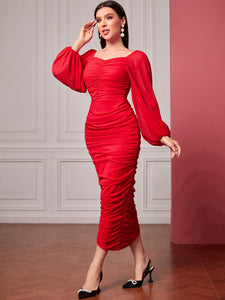 Sweetheart Neck Lantern Sleeve Ruched Bodycon Dress