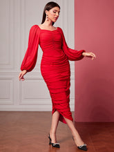 Load image into Gallery viewer, Sweetheart Neck Lantern Sleeve Ruched Bodycon Dress
