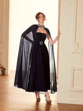 Load image into Gallery viewer, Mesh Cape &amp; Sequins Insert Belted Tube Dress
