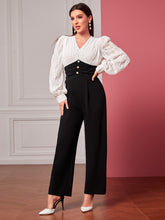 Load image into Gallery viewer, Two Tone Ruched Waist Button Front Jumpsuit
