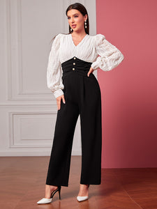 Two Tone Ruched Waist Button Front Jumpsuit