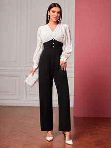 Two Tone Ruched Waist Button Front Jumpsuit