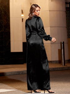 Contrast Lace Bishop Sleeve Split Thigh Satin Dress