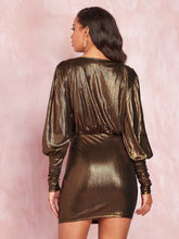 Load image into Gallery viewer, Surplice Neck Gigot Sleeve Metallic Dress
