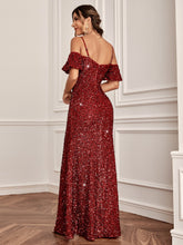 Load image into Gallery viewer, Cold Shoulder Split Thigh Sequins Prom Dress
