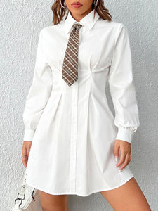 Solid Fold Pleated Shirt Dress With Necktie