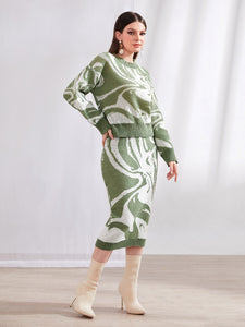 Graphic Pattern Drop Shoulder Sweater & Knit Skirt