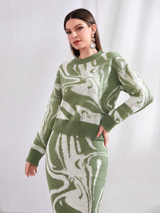 Graphic Pattern Drop Shoulder Sweater & Knit Skirt