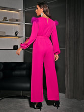Load image into Gallery viewer, Surplice Neck Fuzzy Split Sleeve Belted Jumpsuit
