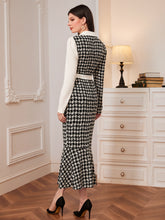 Load image into Gallery viewer, Houndstooth Print Lapel Neck Mermaid Hem Belted Dress
