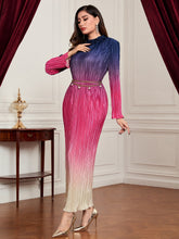 Load image into Gallery viewer, Ombre Mock Neck Frill Trim Plisse Satin Dress Without Belt
