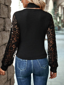 Contrast Lace Cut Out Mock Neck Lantern Sleeve Top