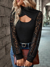 Load image into Gallery viewer, Contrast Lace Cut Out Mock Neck Lantern Sleeve Top
