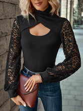 Load image into Gallery viewer, Contrast Lace Cut Out Mock Neck Lantern Sleeve Top
