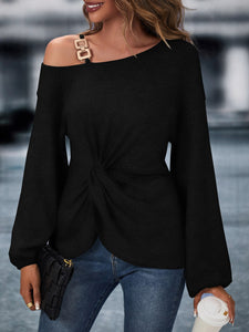 Asymmetrical Neck Chain Detail Twist Front Batwing Sleeve Tee