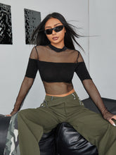 Load image into Gallery viewer, Mock Neck Contrast Fishnet Crop Top
