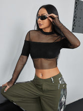 Load image into Gallery viewer, Mock Neck Contrast Fishnet Crop Top
