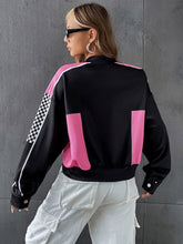 Load image into Gallery viewer, Checker &amp; Letter Graphic Drop Shoulder Bomber Jacket
