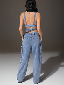 Crisscross Tie Back Crop Denim Cami Top And Cargo Jeans Set