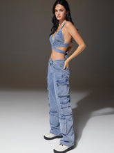 Load image into Gallery viewer, Crisscross Tie Back Crop Denim Cami Top And Cargo Jeans Set

