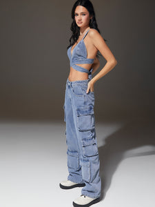 Crisscross Tie Back Crop Denim Cami Top And Cargo Jeans Set