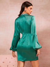 Load image into Gallery viewer, Mock Neck Lantern Sleeve Satin Dress
