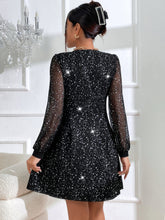 Load image into Gallery viewer, Contrast Mesh Sequin Lantern Sleeve Dress
