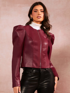 Gigot Sleeve Zipper Front PU Leather Jacket
