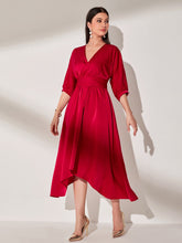 Load image into Gallery viewer, Batwing Sleeve Asymmetric Hem Satin Dress
