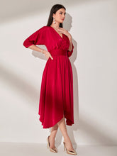 Load image into Gallery viewer, Batwing Sleeve Asymmetric Hem Satin Dress

