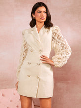 Load image into Gallery viewer, Lapel Collar Lace Lantern Sleeve Double Breasted Tweed Blazer Dress
