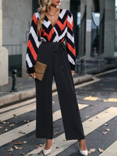 Load image into Gallery viewer, Chevron Print Lantern Sleeve Overlap Collar Belted Jumpsuit
