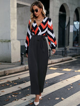 Load image into Gallery viewer, Chevron Print Lantern Sleeve Overlap Collar Belted Jumpsuit
